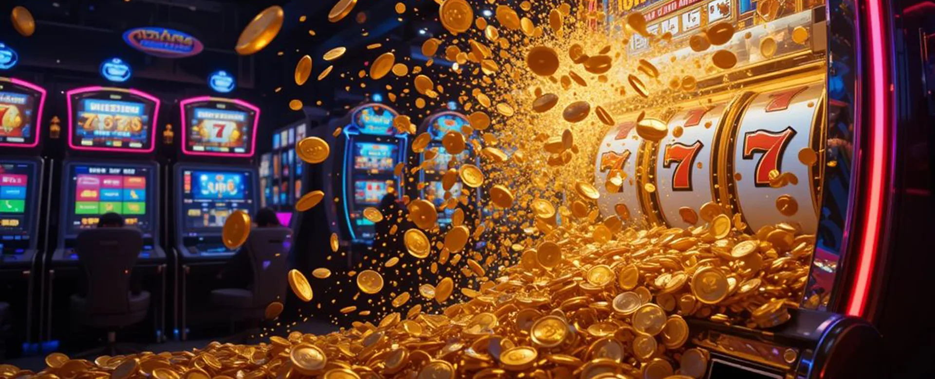 Luxurious online casino interior with vibrant slot machines and players